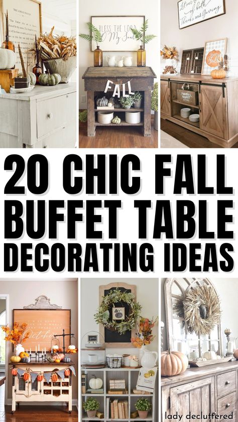 20 Chic Fall Buffet Table Decorating Ideas Fall Decor Ideas For The Home Dining Table, Decorative Buffet Table Ideas, Breakfast Room Buffet Decor, How To Decorate A Kitchen Buffet, Candles On Buffet Table, Dining Room With Two Buffets, Decorating A Buffet For Fall, Buffet Table Ideas Decor With Lamps, Buffet Top Decor Ideas