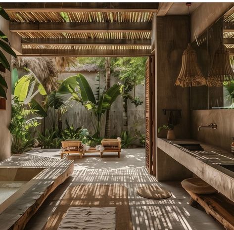 Bali Lifestyle, Wabi Sabi House, Bali Style Home, Tropical Interiors, Tropical Interior Design, Wooden House Design, Jungle House, Tropical Interior, Bali House