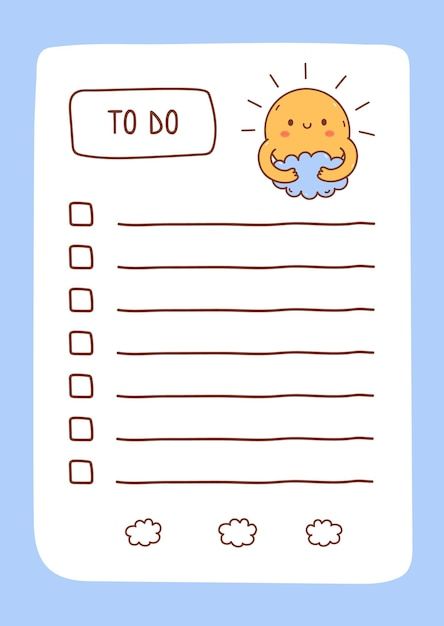 Kawaii Sun, To Do Lists Aesthetic, Cute Daily Planner, To Do List Template, Free Planner Templates, To Do Planner, Note Writing Paper, To Do Lists Printable, Daily Planner Pages