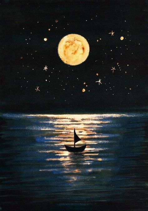 Boat Drawing Aesthetic, Moon On Water Painting, Moon And Ocean Drawing, Painting Water At Night, Moonlight On Water Painting, Moon And Ocean Painting, Moon Water Painting, Moon Over Water Painting, Boat On Water Drawing