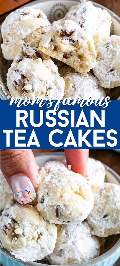 Russian Tea Cakes are a buttery cookie filled with pecans; they're my mom's famous recipe! Whether you call them Snowball Cookies or Wedding Cookies these are the perfect classic Christmas cookie recipe! Russian Teacakes, Russian Tea Cookies, Russian Tea Cakes, Russian Tea Cake, Christmas Cookie Recipe, Tea Cakes Recipes, Russian Tea, Snowball Cookies, Famous Recipe