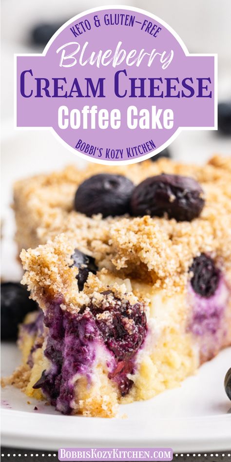 Close up of Keto Blueberry Cream Cheese Coffee Cake on a white plate. You can see the creamy layer with pops of purple color from the bursting blueberries. Keto Blueberry Cream Cheese, Blueberry Cream Cheese Coffee Cake, Coconut Flour Cakes, Keto Favorites, Cheese Coffee Cake, Keto Blueberry Muffins, Keto Cakes, Cream Cheese Coffee Cake, Keto Blueberry