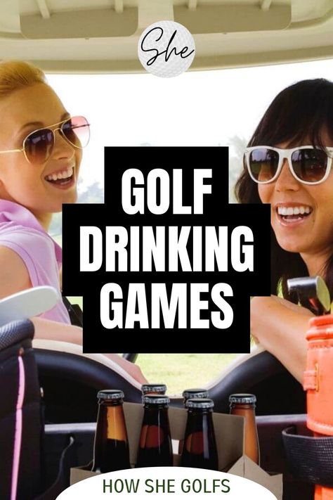 Two female golfers smiling in a golf cart with beer and golf equipment Golf Course Drinking Games, Golf Hole Games, Ladies Golf League Ideas, Golf Tournament Hole Games, Golf Hole Sponsor Game Ideas, Golf Hole Sponsorship Games, Golf Games For Party, Golf Scramble Games, Golf Outing Hole Games