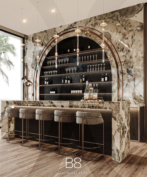 Noor Villa / Interior Design - B8 Architecture and Design Studio Bar And Lounge Interior Design, Modern Home Bar Designs Luxury, Art Deco Bar Design, Home Bar Designs Luxury, Bar Area Design, Decorations Drawing, Luxury Bar Design, Back Bar Design, Modern Bar Design