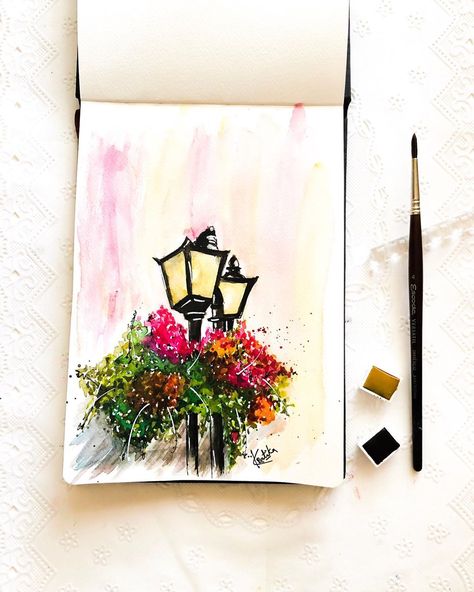 Kratika Agarwal on Instagram: “My first attempt at painting lampposts! It reminds me of the beautiful spring when the lampposts are full of vibrant colors across streets,…” Lamppost Painting, Painting Easy, Dark City, Urban Sketching, Street Light, Lamp Post, Acrylic Painting, Vibrant Colors, On Instagram