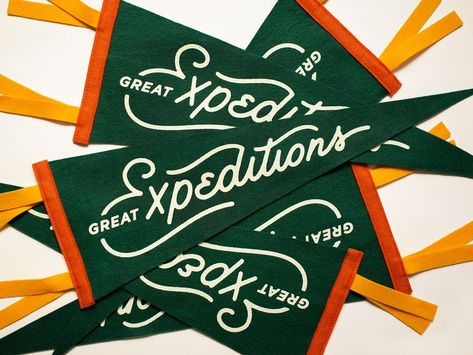 Great Expeditions Pennant Giveaway by Spoon & Spear #dribbble #design #pennant #lettering #handlettering #graphicdesign Pennants Vintage, Vintage Inspired Wall Art, Camping Decor, Graphic Design Fonts, Badge Design, Vintage Branding, Packaging Design Inspiration, Photo Wall Art, Flag Design