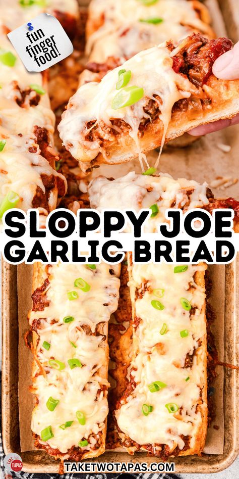 Sloppy Joe Garlic Bread is a fun way to serve sloppy joes to the kids, make a filling after school snack, or a delicious party appetizer that's perfect for those chilly tailgating parties. French Breads, Bread Quick, Garlic Bread Recipe, Sloppy Joe, Sloppy Joes, French Bread, Ultimate Comfort Food, Weeknight Dinners, Garlic Bread