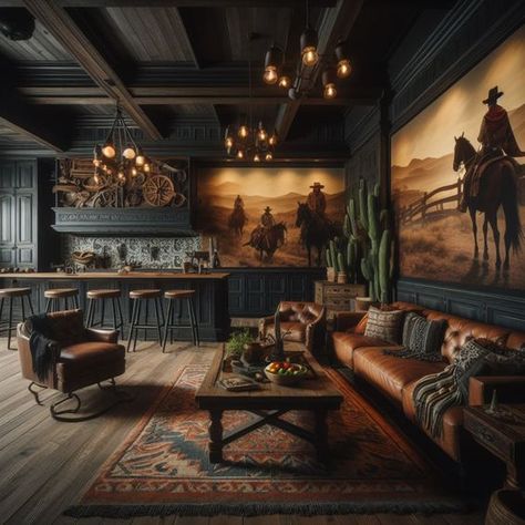 Texan Interior Design, Western Ranch Interior Design, Western Lodge Decor Interior Design, Dark Southern Home Decor, Old West Interior Design, Dark Western Interior Design, Western Style Basement, Western Asethic House, Cowboy Style Living Room