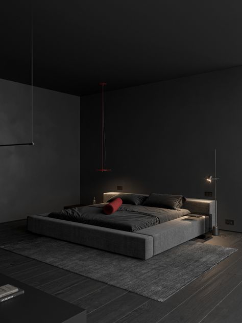 Black Villa on Behance Idea Bilik Tidur, Reka Bentuk Bilik Tidur, Letto King Size, Couple Bed, Black Bedroom Design, Hiasan Bilik Tidur, King Size Bed Frame, Black Bedroom, Grey Bedroom