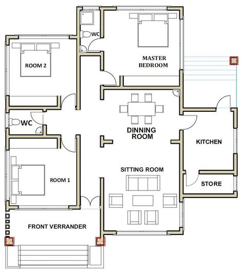 Modern Bungalow House Plans, Small Modern House Plans, Three Bedroom House Plan, Bungalow Floor Plans, Bungalow Style House Plans, Little House Plans, Affordable House Plans, Anime Classroom, Free House Plans