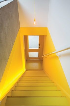 Yellow Staircase, Staircase Painting, Flexible Workspace, Stair Well, Painted Stairs, Flexible Space, Yellow Paint, Staircase Design, Stairs Design