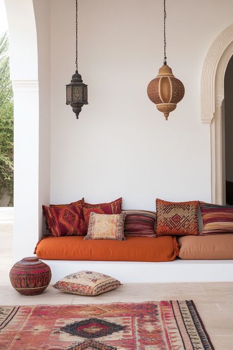 15 Moroccan Decor Ideas for Your Entire Home – Everyday Inspo Moroccan Lounge Room, Moorish Interior Design, Moroccan Living Rooms, Modern Flat Interior, Moroccan Living Room Ideas, Moroccan Office, Howls Room, Moroccan Inspired Living Room, Moroccan Seating