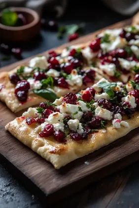 Roasted Cranberry and Goat Cheese Flatbread with sweet-tart cranberries and creamy goat cheese. A festive appetizer or light meal. Fall Party Entree, Cranberry And Goat Cheese Appetizer, Ww Christmas Recipes, Thanksgiving Orderves, Orderves Appetizers Appetizer Ideas, Easy Light Dinner Recipes, Thanksgiving Cranberry Recipes, Roasted Cranberries, Easy Healthy Appetizers