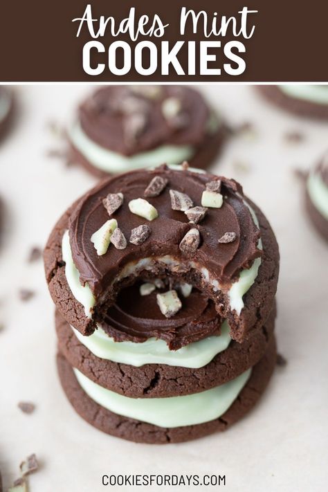 Andes Mint Cookies are a delicious chocolate cookie layered with mint frosting and then layered with chocolate frosting and THEN topped with chopped Andes mints. They taste heavenly and are truly a gourmet cookie that you can make right at home! | homemade andes mint cookies | andies mint cookies easy | andes mint cookies recipes |  chocolate cookies with andes mints | andes mint dessert recipes Mint Crumble Cookie, Andes Creme De Menthe Cookies, Cookies With Andes Mint Chips, Andes Baking Chips Recipes, Chocolate Cookies With Andes Mints, Mint Cream Biscuits, Andy's Mint Cookies, Andies Mint Cookies, Cookies With Andes Mints