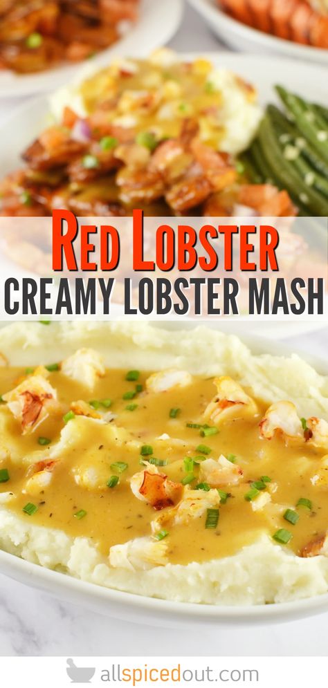 Red Lobster Creamy Lobster Mashed Potatoes - All Spiced Out Lobster Mashed Potatoes Red Lobster, Seafood Mashed Potatoes Recipe, Red Lobster Lobster Mashed Potatoes, Lobster Mashed Potatoes Recipe, Red Lobster Rice Pilaf Recipe, Red Lobster Mashed Potatoes, Side Dishes For Lobster Tails, Seafood Mashed Potatoes, Lobster Gravy