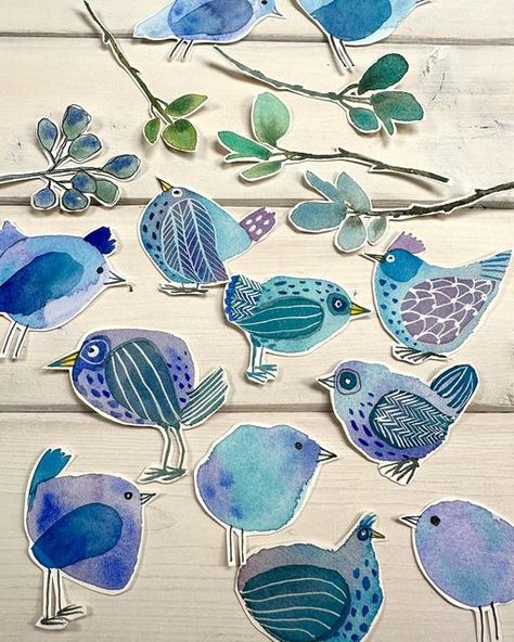 Karen Elaine on Instagram: "I’m relaxing with my watercolors painting whimsical blue birds. 🐦 
I can’t decide if I want to continue doodling on the birds or keep them simple. 
Simple or doodled; which is your favorite?

#watercolor #birds #whimsical #artformentalhealth #doodles #watercoloring #relaxing #keepitsimple" Taskmaster Art, Birds Collage, Fodder School, Quirky Birds, Collage Fodder, Bird Doodle, Painting Whimsical, The Joy Of Painting, Blue Birds