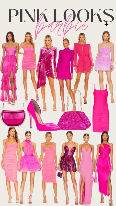 Las Vegas wardrobe for your next girls trip. #barbie #barbiedress #barbiegirl #barbieparty #pinkdress #pinkoutfit #barbieoutfit #lasvegasdress #lasvegas #lasvegaslooks #ootd #lasvegasoutfit #glitterdress #flashystyle #sequindress #partydress #bacheloretteparty #bachelorettedress #lastdisco #partyoutfit #lastrodeo #weddingguest #weddinglooks #discoparty #festivaloutfit Bachelorette Night Out Outfit Pink, Barbie Pink Bachelorette Outfits, Bachelorette Party Outfits Group Pink, Pink Vegas Outfit, Pretty In Pink Bachelorette Party Outfit, Vintage Barbie Clothes Bachelorette Party, Barbie Bachelorette Party Outfit, Pink Bachelorette Party Outfit, Barbie Bachelorette Party Invitation