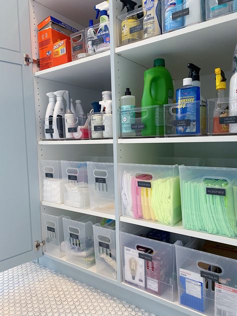 NEAT Method- laundry rooms, modern laundry rooms, laundry room design, laundry room inspiration, mudrooms/laundry rooms, organized laundry room, linen closets, modern design, home design ideas, beautiful spaces, organized spaces, neat ideas, cleaner, cleaning supplies Backstock Closet Organization, Organized Laundry Room Cabinets, Cleaning Supply Storage Laundry Room, Organization Ideas Laundry Room, Laundry Room Organization Ikea, Large Cleaning Closet, Laundry Room Drawer Organization, Large Laundry Room Organization, Laundry Room Organization Open Shelves