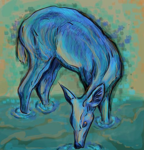 Deer drinking water Deer Drinking Water Painting, Deer Drinking Water Drawing, Drinking Water Drawing, Deer Drinking Water, Scenery Drawing With Oil Pastels, Drawing With Oil Pastels, Water Deer, Easy Scenery, Easy Scenery Drawing