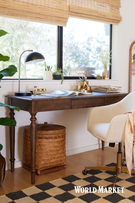 Crafted of wood with a vintage walnut finish, our Cynthia Vintage Walnut Desk features a conveniently hidden drawer. This storage desk provides a spacious work surface suitable for any work-from-home task. Taking its antique appeal from the spool-style leg posts, this timeless piece also complements mid-century office chairs and modern furniture. #WorldMarket #CynthiaCollection #WFH #HomeOffice #VintageHomeDecor Office Writing Desk, Office With Dark Wood Desk, Desks As Nightstands, Antique Table As Desk, Dark Wood Office Furniture, Office With Antique Desk, Walnut Desk With Drawers, Vintage Desk Home Office, Danish Home Office