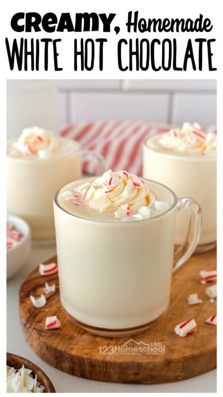 I love warming up to a cup of hot cocoa in the winter! But we’ve moved away from the store bought mixes that are filled with artifiical ingredients, chemicals, and preservatives. Instead we whip up a batch of this simple homemade white hot chocolate recipe. This is so easy to make with convenient chocolate chips! You will love that this creamy hot chocolate is all grown up with white cocoa and a touch of cinnamon. Wassail Recipe Easy, Homemade White Hot Chocolate, Vanilla Hot Chocolate, Candy Cane Cookie Recipe, Peanut Butter Blossoms Recipe, White Hot Chocolate Recipe, Best Hot Chocolate Recipes, Creamy Hot Chocolate, Hot Cocoa Mix Recipe