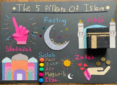 Islam Projects For School, Teaching Aid For Preschoolers, Islamic Soft Board Ideas, Islamic Project Ideas, Islamic School Decoration Ideas, Five Pillars Of Islam Project, Arabic Project Ideas, Islamic Models For School Exhibition, Islamic Classroom Decoration