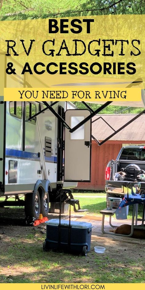 Best RV Gadgets and Accessories needed for the RV Lifestyle Rv Camping Essentials, Rv Must Haves, Rv Hacks Travel Trailers, Rv Camping Accessories, Rv Gadgets, Travel Trailer Accessories, Travel Trailer Living, Rv Camping Tips, Camping Must Haves