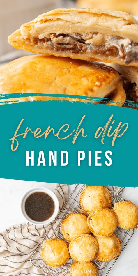 I love experimenting with new ways to use prepared pie dough, and one of my favorites is making savory hand pies (like my Mini Taco Pies and Reuben Hand Pies recipes). Today I'm sharing a new mini beef pies recipe: French Dip Hand Pies! They are SO yummy, and fun to eat while dipping them into au jus. If you're looking for a mini meat pie recipe or a baked French Dip, click or visit FabEveryday.com for th recipe so you can give these delicious, small meat pies a try! Halloween Hand Pies Savory, Mini Beef Pies, Hand Pie Pastry Dough, Hand Meat Pies, Dessert Hand Pies, Hand Pies Recipes Savory, Recipe Using Pie Crust, Puff Pastry Meat Pies, Ground Beef Hand Pies