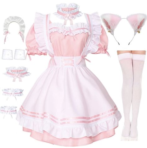 High-quality Fabric: Polyester, cotton , well made, soft and comfy to the touch , cute anime maid queen princess dress outfit look. The complete 8 pcs set includes: dress + apron + maid headwear + cat ear + neck ring + bracelet * 2 + leg ring * 2+ knee socks. Distinctive Design: There is a big bow design on the back of the dress, with two black bows on the waist, it looks more cute. The black base skirt is matched with a white apron. Applicable Occasion: It’s suitable for many different occasion Princess Dress Outfit, Halloween Makeup Costume, Leg Ring, Dress Apron, Pink Apron, Neck Ring, Maid Cosplay, Anime Maid, Kawaii Cosplay