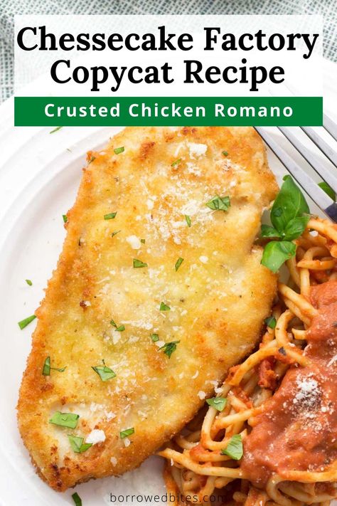 This extra-crispy Crusted Chicken Romano is a tender, juicy chicken cutlet coated in a delicious blend of Romano cheese, Parmesan cheese, and panko breadcrumbs. It’s the perfect copycat of the Cheesecake Factory recipe. Plus it uses only 6 ingredients and can be on the table in under 30 minutes! Cheesecake Factory Copycat Recipes Parmesan Crusted Chicken, Cheesecake Factory Chicken Parmesan, Parmesan Crusted Chicken Cheesecake Factory, Cheesecake Factory Parmesan Crusted Chicken, Cheesecake Factory Chicken Romano, Cheesecake Factory Parmesan Herb Chicken, Recipe Critic Recipes Chicken, Copycat Cheesecake Factory Recipes, Chicken Romano Recipe