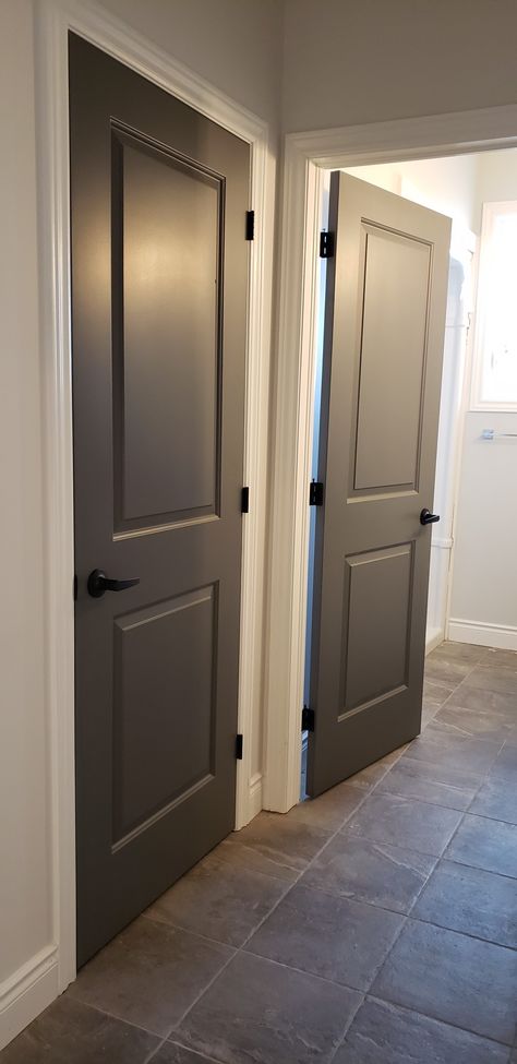 BM Kendall Charcoal Doors, BM Intense White walls, BM White Dove trim Bm Kendall Charcoal, Charcoal Doors, Gray Doors, Interior Door Colors, Grey Interior Doors, Kendall Charcoal, Painted Interior Doors, Black Interior Doors, Updating House