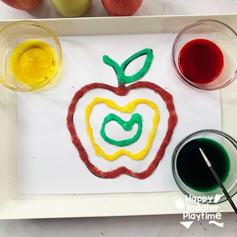 Salt Painted Apple Craft Apple Template, Painted Apple, Fall Activities For Toddlers, Apple Preschool, October Activities, Apple Craft, Apple Painting, Craft Ideas For Kids, Seasonal Crafts