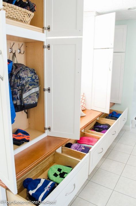 A gorgeous mudroom makeover featuring storage lockers for coats, backpacks and drawers for hats. Closed storage for coat organization. #mudroomwallideas #mudroomlockerideas #mudroomideas #diymudroom #mudroomkitchenideas #mudroomstorageideas Ikea Small Spaces, Cabinets Ikea, Cabinets Garage, Ikea Storage Cabinets, Farmhouse Mudroom, Armoire Entree, Mudroom Cabinets, Mudroom Makeover, Laundry Room/mud Room