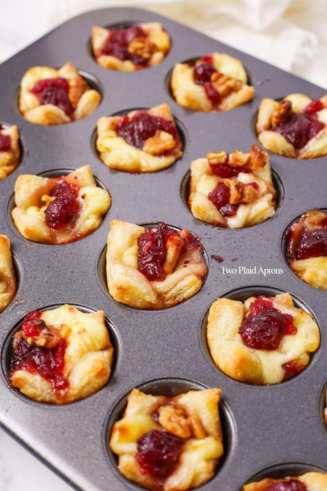 Mini Cranberry Brie Bites | Two Plaid Aprons Summer Pastas, Brie Tart, Cranberry Brie Bites, Finger Snacks, Cranberry Brie, Canned Cranberry Sauce, Puff Pastry Crust, Holiday Appetizers Easy, Brie Bites