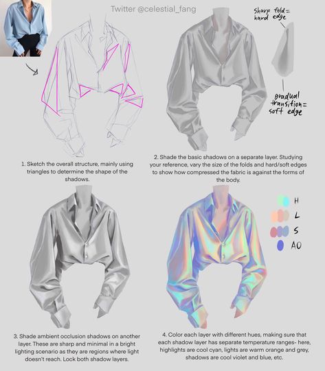 Celestial Fang ✨COMMERCIAL COMMS OPEN! on Twitter: "Easy iridescent fabric tutorial 🌈… " Cloth Texture Drawing, Celestial Fang, Iridescent Clothing, Fabric Tutorial, Hologram Colors, Iridescent Fabric, Fabric Drawing, Digital Painting Techniques, Texture Drawing