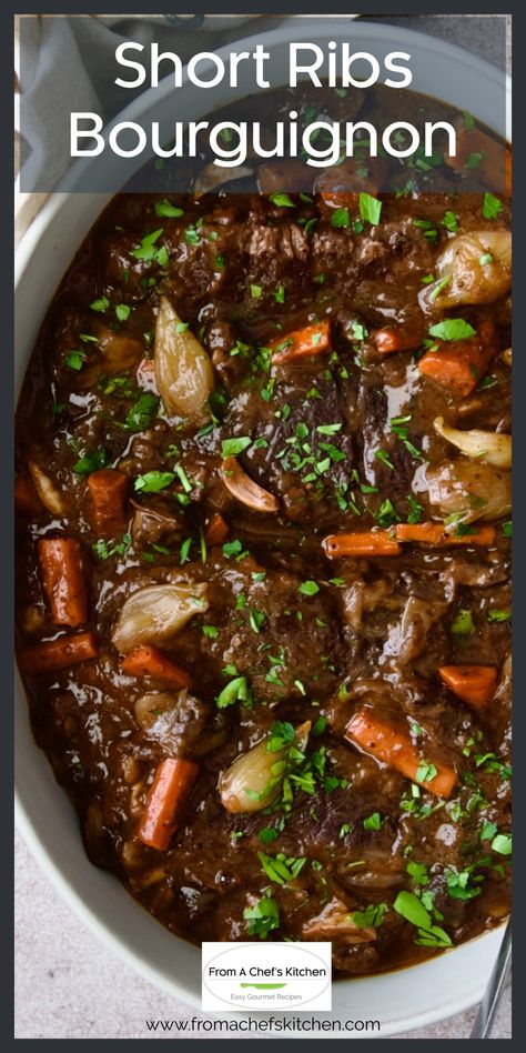 Here's how to do this classic French country beef dish with short ribs! Short Ribs Bourguignon is slow-cooked in red wine along with bacon, onions, carrots, mushrooms and herbs for a deep, rich flavor that complements the beef perfectly. Braised Beef Short Ribs Dutch Ovens Le Creuset, Cider Braised Short Ribs With Caramelized Onions, French Onion Short Rib Soup, Short Ribs Bone In, Short Rib Bourguignon, Recipes Using Beef Short Ribs, Beef Short Rib Vegetable Soup, Beef Borgenion, French Onion Short Rib Soup With Cheesy Gruyère Toast