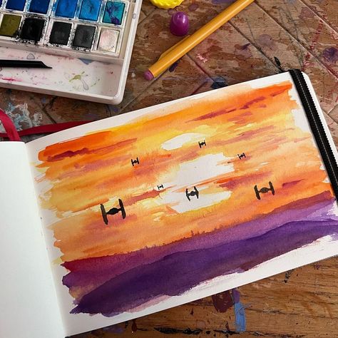 Watercolor Art Star Wars, Watercolour Star Wars, Star Wars Watercolor Painting Easy, Movie Watercolor Art, Star Wars Marker Art, Star Wars Oil Painting, Star Wars Landscape Painting, Star Wars Watercolor Easy, Star Wars Sketchbook