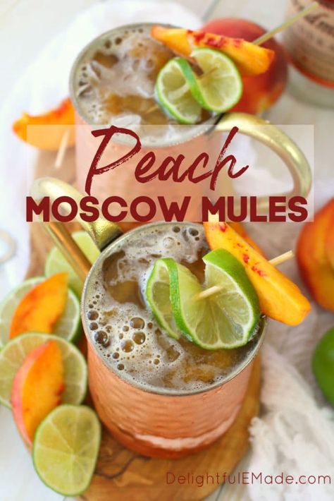 Ginger Peach Moscow Mule - Moscow Mule Recipe - Delightful E Made Fruity Moscow Mule Recipe, Peach Mule Recipe, Mango Mule Recipe, Mocktail Mule Recipe, Mules Drink Recipes, Pineapple Moscow Mule Recipe, Mango Moscow Mule Recipe, Flavored Mules, Bachelorette Appetizer Ideas