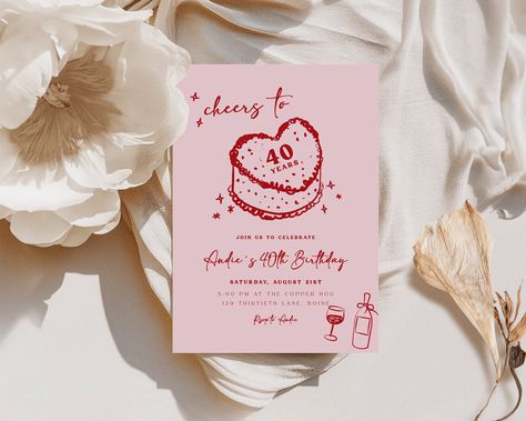 40th Birthday Invitation Template | Editable Cheers to 40 Years Illustrated Birthday Party Invite | Pink Coquette Bday Invite S651 Coquette Bday, 40th Birthday Invitation Template, Cheers To 40 Years, Sweet Sixteen Birthday Party Ideas, Bday Invitations, 30th Bday, 40th Birthday Invitations, Small Business Planner, Sweet Sixteen Birthday