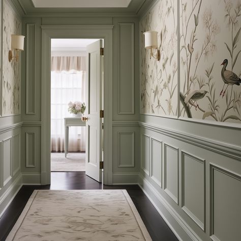 Half Panel Half Wallpaper Hallway, Colonial Wainscoting Ideas, French Wall Design Living Rooms, Classic Wainscoting Ideas, Victorian Entryway Wallpaper, Box Trim And Wallpaper, Wainscoting Whole Wall, Wallpaper In Wall Moulding, French Style Panelling