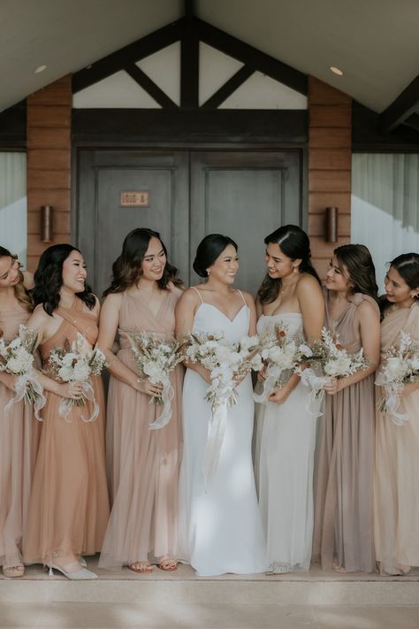 Taupe Mismatched Bridesmaids, Muted Bridesmaid Dresses Colour Palettes, Entourage Color Palette, Bridesmaid Mood Board, Wedding Entourage Gowns, Taupe Wedding Colors, Bridesmaid Palette, Blush Pink Theme Wedding, Bridesmaid Dresses Color Palette