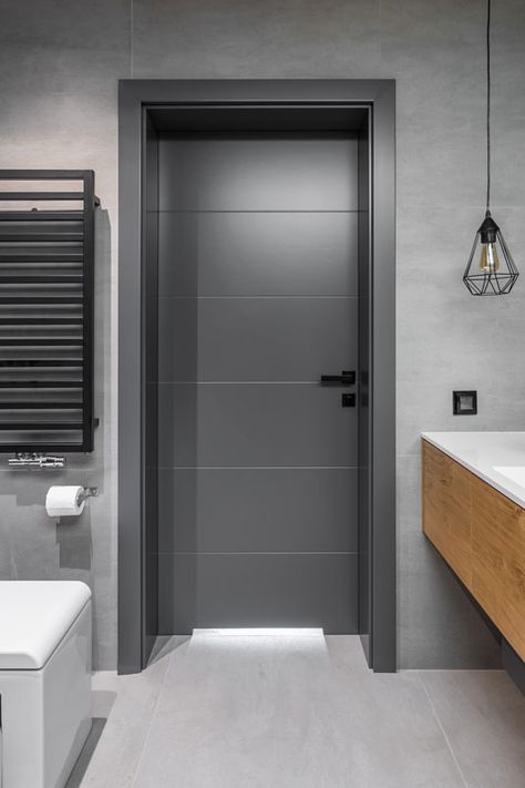 Should Interior Doors Be The Same Color As The Walls? Grey Color Door Design, Interior Doors Painted Gray, Dark Grey Doors Interior Modern, Color Of Bathroom Walls, Modern House Door Interiors, Modern Doors For Rooms, Grey Inside Doors, Paint Colors Outside Exterior Houses, Modern House Interior Doors