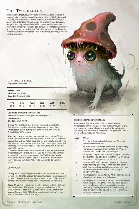 A tiny monster for Dungeons and Dragons including gamepleay rules. Homebrew Beasts 5e, Dnd Wizard Familiar, Mechanical Pets Dnd, Weird Dnd Monsters, Vegepygmy Dnd, Dnd Homebrew Creature, D&d Monster Stats, Dnd Magical Creatures, Dnd Moss Kitten