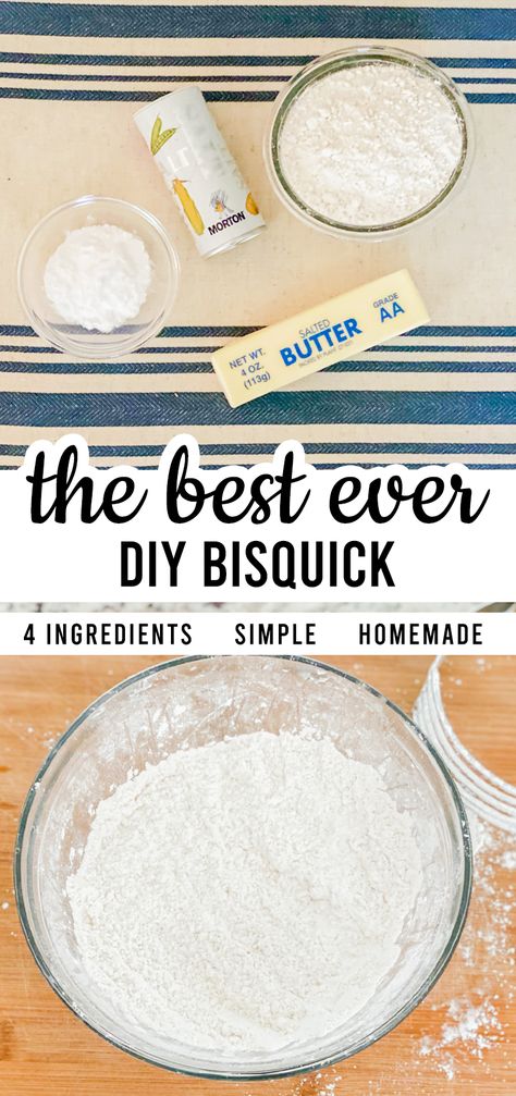 This is our Homemade Bisquick that is so easy to make! Only 4 ingredients and it's ready to add to any recipe you have! Use for breakfast, lunches, or dinners! Easy and from scratch too! Diy Bisquick Small Batch, Bisquick Homemade Recipe, Diy Bisquick Mix How To Make, How To Replace Bisquick, Copycat Bisquick Mix Recipe, Healthy Bisquick Substitute, Recipe For Bisquick, Bisquick From Scratch, Homemade Gluten Free Bisquick