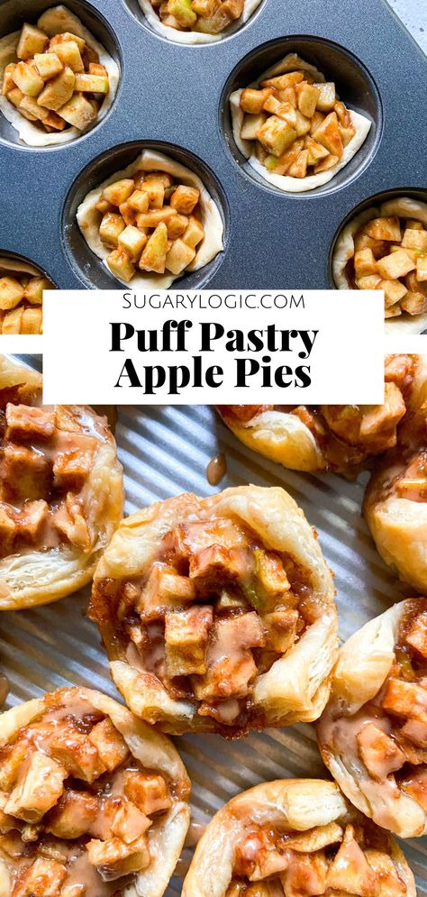 Discover the secret to making apple pies in a muffin tin! These mini apple pies are made from store-bought puff pastry and a fresh apple filling. They are quick to assemble in a cupcake pan and bake even faster. The flaky crust is buttery, while the apple filling is tart and sweet. Enjoy one fresh out of the oven! Apple Tart Puff Pastry, Apple Pie Filling Desserts, Easy Mini Apple Pies, Apple Recipes With Puff Pastry, Puff Pastry Apple Pie, Pie Filling Desserts, Easy Puff Pastry Desserts, Mini Apple Pie Recipe, Apple Pie Muffins