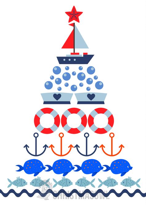 Free printable Christmas card featuring a nautical "Christmas tree." Download it at https://christmasowl.com/download/christmas-card/nautical/ Christmas Pirate, Christmas Sailboat, Coastal Christmas Cards, Stitched Christmas Tree Cards, Fish Christmas Card, Nautical Christmas Zazzle, Sailor Christmas, Nautical Christmas Cards, Marine Christmas