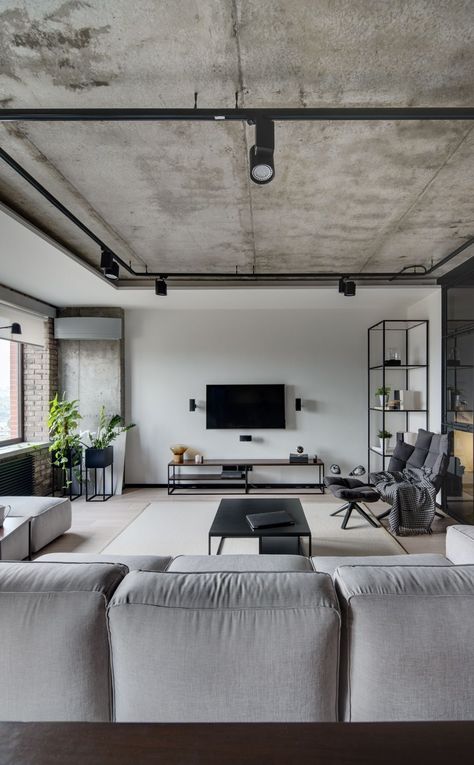 Industrial Living Room Design, Industrial Livingroom, Industrial Living, Loft Interiors, Industrial Interior Design, 아파트 인테리어, Loft Design, Loft Style, Living Room Grey