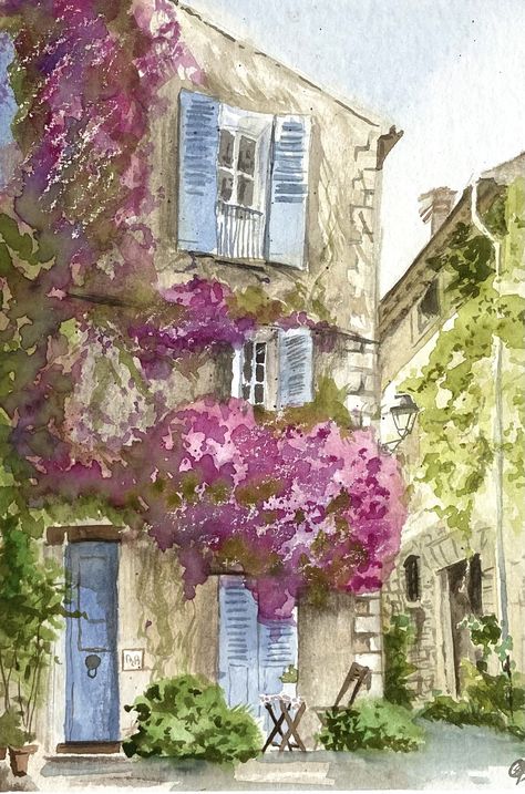 Provence Watercolor Paintings, France Watercolor Painting, France Aesthetic Drawing, Garden Watercolour Painting, French Countryside Painting, French Watercolor Paintings, Watercolor Art Summer, French Art Paintings, Southern France Aesthetic