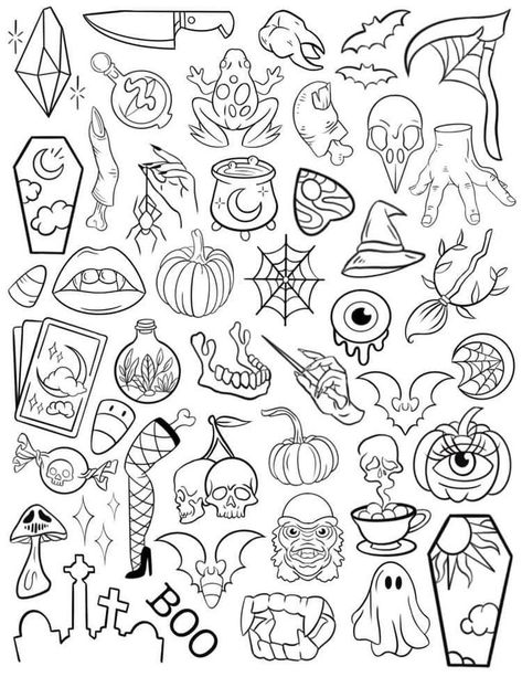 Thackery Binx Tattoo, Flash Tattoo Small, Cool Japanese Tattoos, Japanese Tattoos Small, Simple Tattoo Flash Sheet, Tattoo Flash Art Simple, Gothic Tattoo Sleeve, Small Goth Tattoo, 90s Flash Tattoo