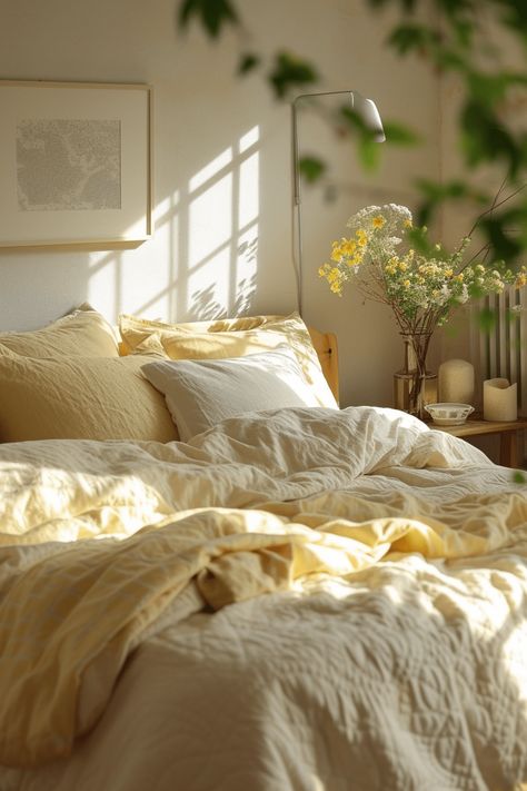 Bedroom Light Yellow Walls, White Walled Bedroom Ideas, Airy Light Bedroom, Cute And Cozy Bedroom Ideas, Yellow And Green Room Decor, Relaxing Room Aesthetic, Bedding Ideas Pastel, Bedroom For 25 Year Old Woman, Sunshine Bedroom Aesthetic